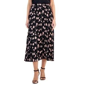 Anne Klein Womens Floral Print Pleated MIDI Skirt, Black Cherry Blossom, S